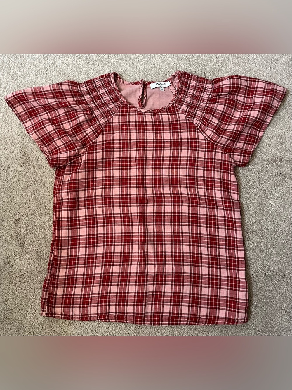 Madewell Pink & Red Plaid Puff Sleeve Top